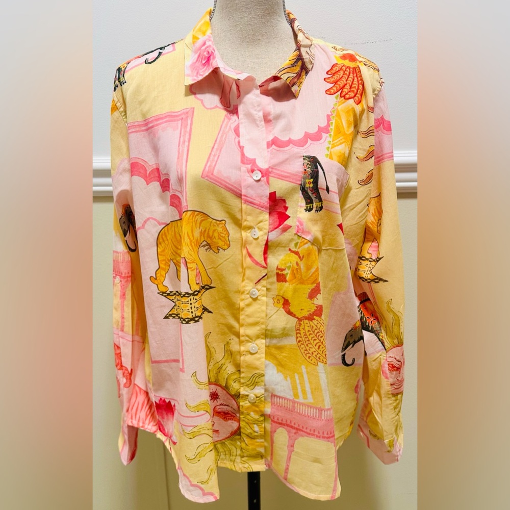 NWT Calypso St Barth Circus Animals Long Sleeve Button Up Blouse L 100% Cotton